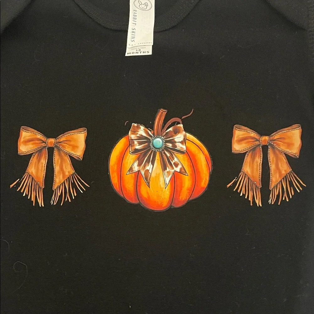 Rabbit Skins Black Bodysuit with Pumpkin and Bow Design